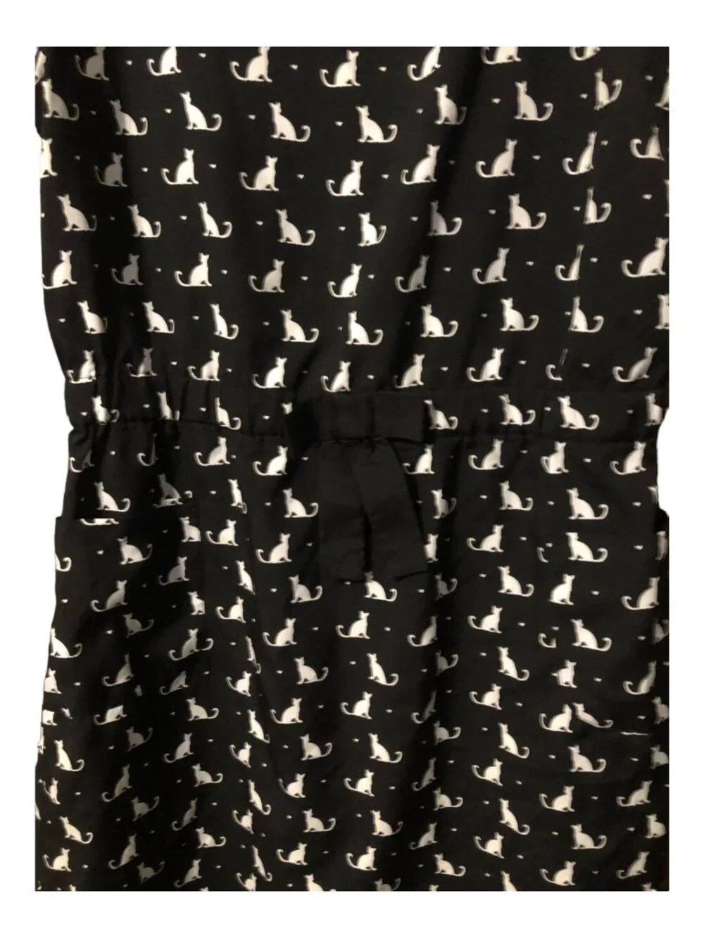 White Cat Print Black Short Sleeve Sun Dress Accent Bow Pockets Sz XL (14-6)